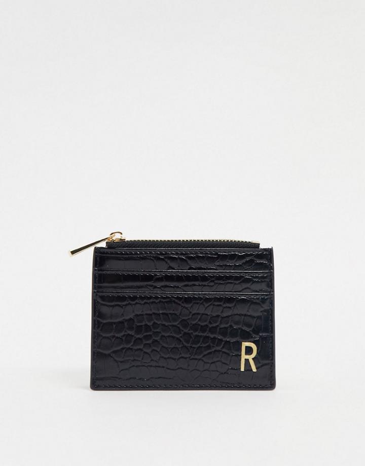 Asos Design Personalized R Coin Purse & Cardholder In Black Croc