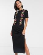 Asos Design Printed Floral Midi T Shirt Dress-black