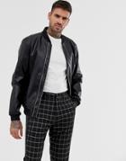 Asos Design Faux Leather Bomber Jacket With Dual Zip-black