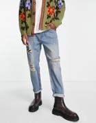 Topman Rip Relaxed Jeans In Mid Wash Dirty Tint-blue