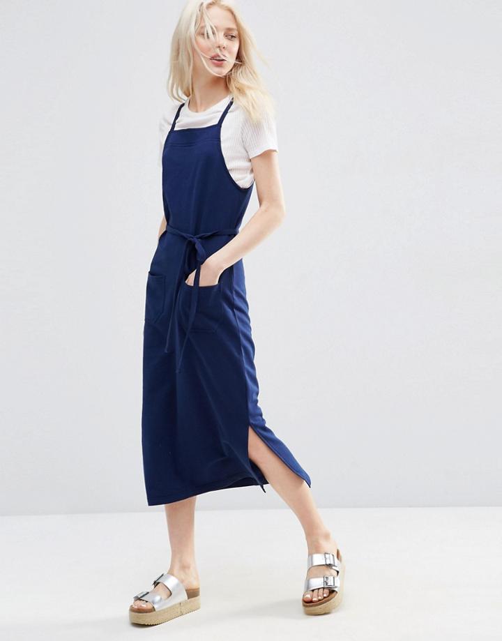 Asos Pinafore Midi Dress In Indigo - Indigo