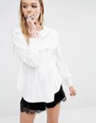 Navy London High Neck Ruffle Blouse With Tie Neck Detail - White