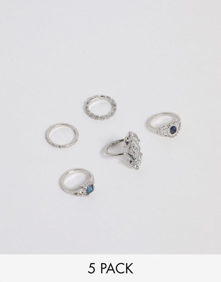 Asos Design Pack Of 5 Rings In Engraved Design With Faux Abalone Stone In Silver Tone