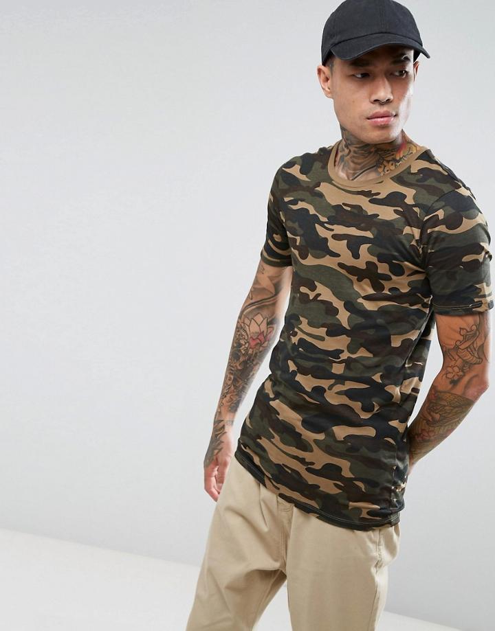 Bershka T-shirt In Camo Print - Green