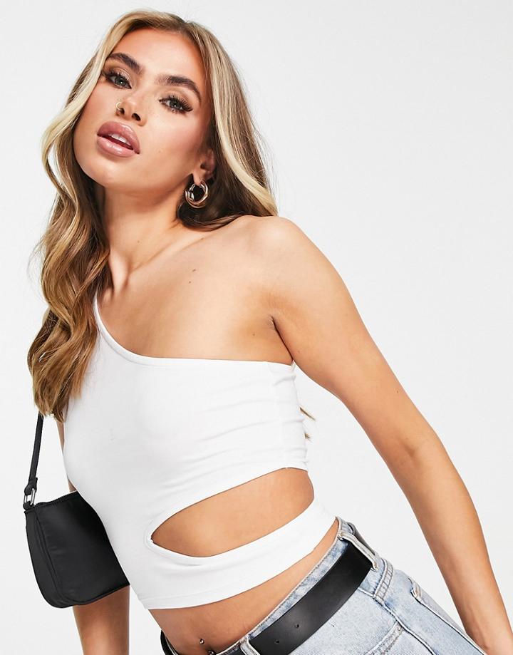 Asos Design Top With One Shoulder And Cut Out Detail In White