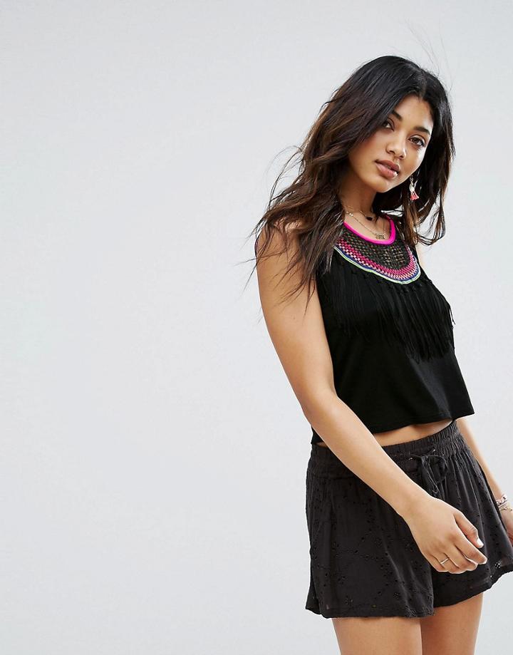 Surf Gypsy Fringe Applique Tank - Black