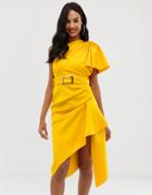 Asos Design One Shoulder Belted Pencil Dress With Tuck Detail - Yellow