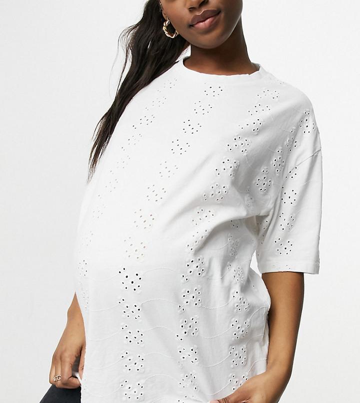 Asos Design Maternity Oversized T-shirt In All Over Broidery-white