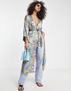 Topshop Premium Floral Midi Kimono Dress In Blue