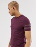 Asos Design Organic Skinny T-shirt With Stretch And Black Contrast Sleeve Stripe In Burgundy-red