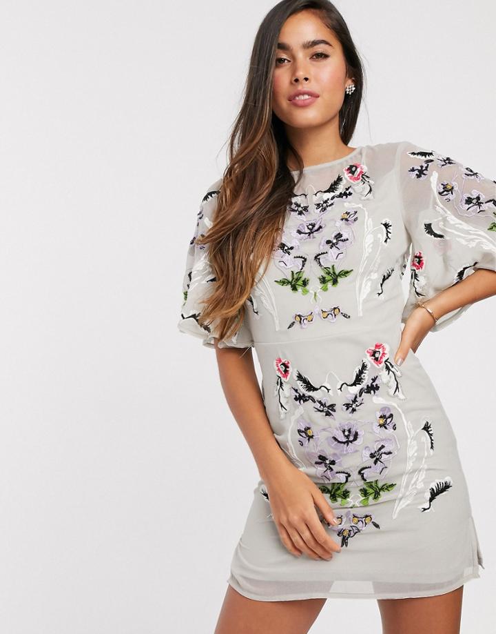 Frock & Frill Embellished Flutter Sleeve Mini Dress In Gray-grey