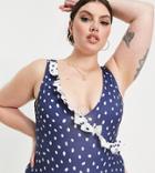 Asos Design Curve Recycled Frill Plunge Swimsuit In Navy Polka Dot Spot-multi