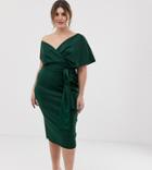Asos Design Curve Off Shoulder Wrap Midi Dress With Tie Detail - Green