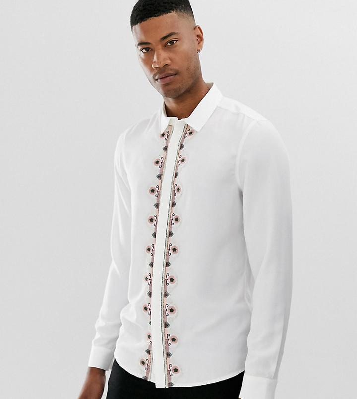 Asos Edition Tall Regular Fit Satin Shirt With Embroidered Placket In White - White