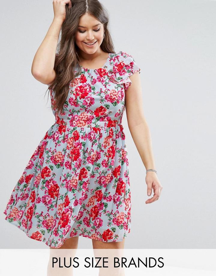 Koko Plus Skater Dress With Frill Sleeves In Floral Print - Blue