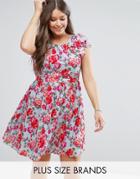 Koko Plus Skater Dress With Frill Sleeves In Floral Print - Blue
