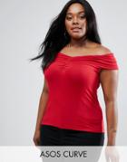 Asos Curve Top With Off Shoulder And Ruched Detail - Red