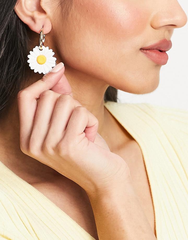 Asos Design Hoop Earrings With Large Daisy Charm In Gold Tone