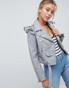 Parisian Leather Jacket With Frill Detail - Gray