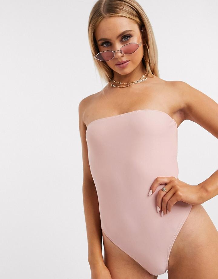 Missguided Bandeau Bow Back Swimsuit In Blush-pink