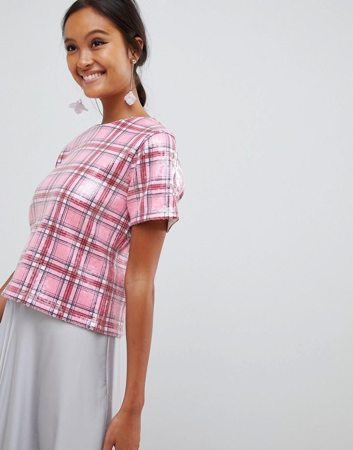 Asos Design T-shirt In Printed Check Sequin - Pink