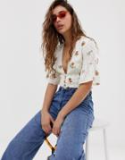 Wild Honey Tea Blouse With Plunge Front In Floral - White