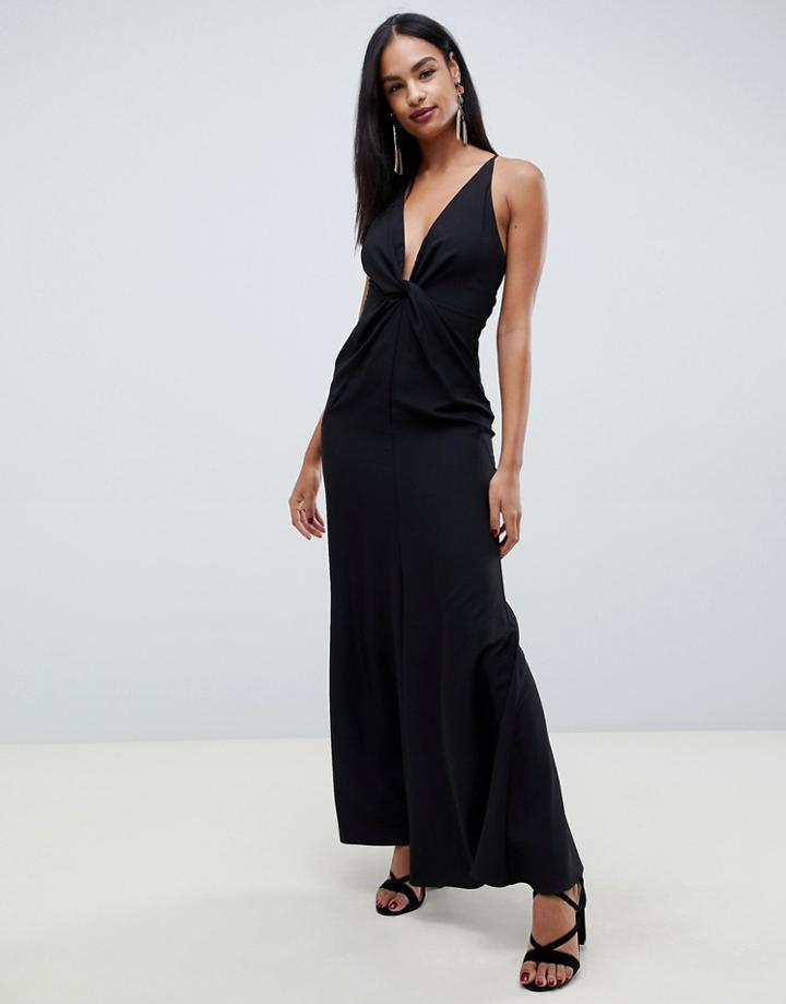 Asos Design Maxi Dress With Knot Front And Open Back In Crepe - Black