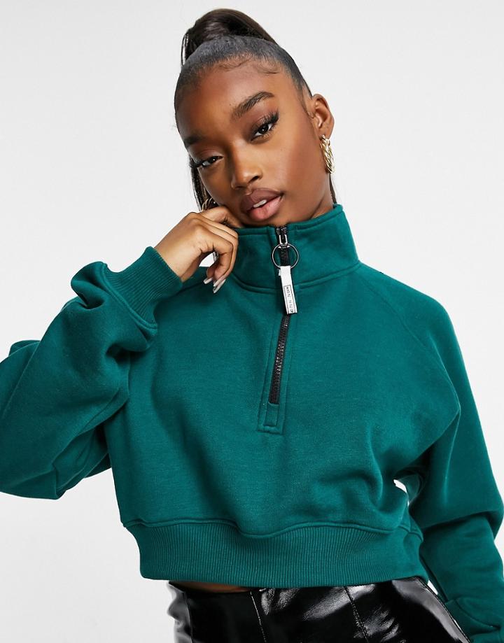 Public Desire Logo Tab Cropped Zip Sweatshirt In Green