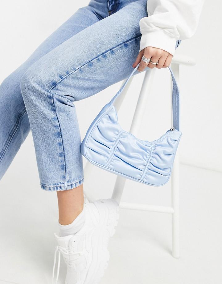 Monki Tanya Recycled Ruched Satin Shoulder Bag In Light Blue-blues
