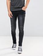 Asos Extreme Super Skinny Jeans In Washed Black With Embroidery And Biker Detail - Black