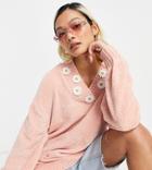 Native Youth Super Cute Oversized Sweater With Daisy Trim-pink