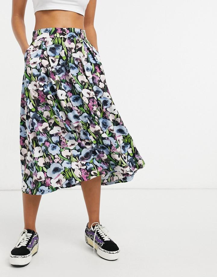 Monki Sigrid Recycled Button Front Midi Skirt In Blue Poppy Print-blues