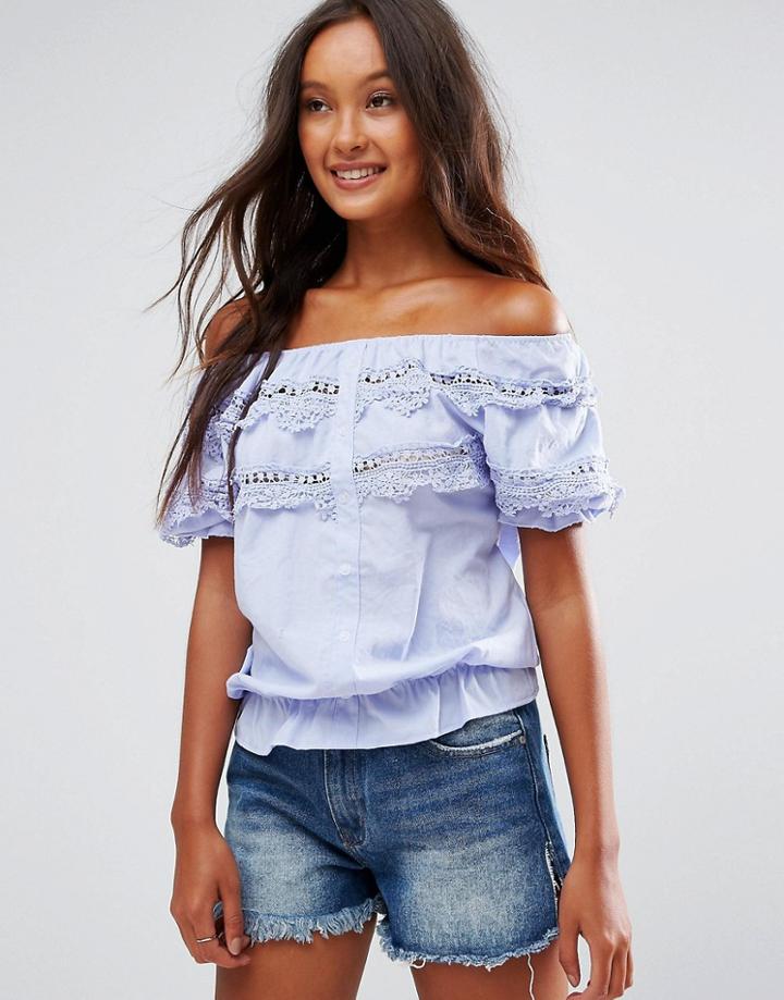 Qed London Lace Detail Button Bardot Top - Blue