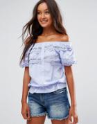 Qed London Lace Detail Button Bardot Top - Blue