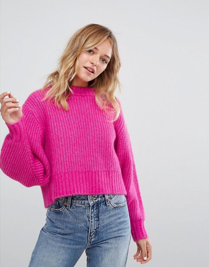Monki Balloon Sleeve Mohair Knitted Sweater - Pink