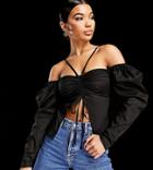 Asyou Tie Neck Puff Sleeve Ruched Front Top In Black