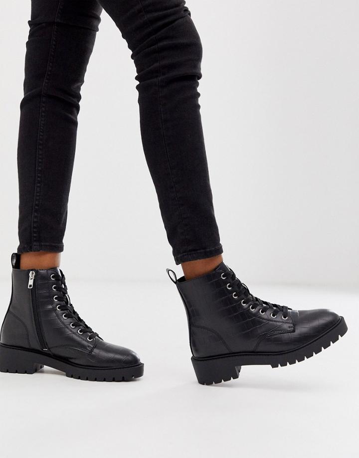 New Look Lace Up Flat Boots In Black Croc