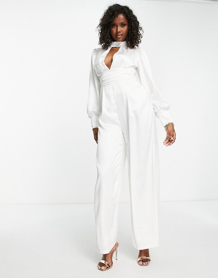 Blume Bridal Minimal Satin Wide Leg Jumpsuit In White
