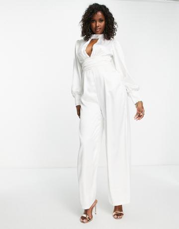 Blume Bridal Minimal Satin Wide Leg Jumpsuit In White