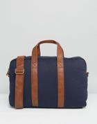 Asos Satchel In Navy Canvas With Tan Straps - Navy
