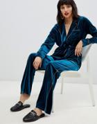 Pieces Velvet Wide Leg Pants With Contrast Tipping - Blue