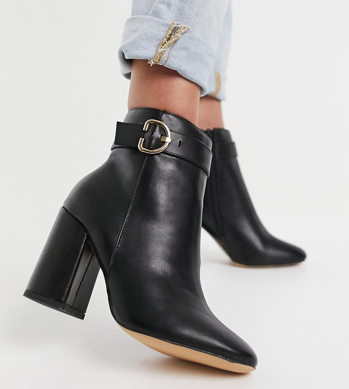 London Rebel Wide Fit Block Heel Ankle Boots With Gold Trim In Black