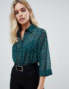 Asos Design Sheer Shirt In Green Leopard Print - Green