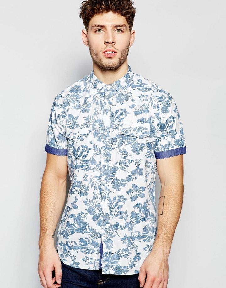 Brave Soul Reverse Floral Short Sleeve Shirt - Blue