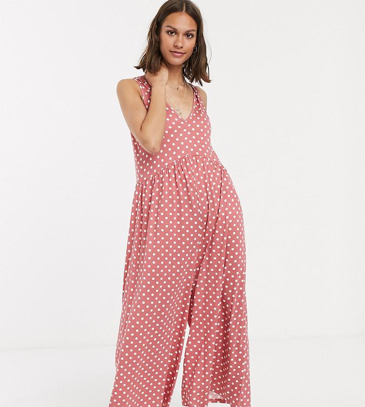 Asos Design Curved Smock Jumpsuit In Polka Dot