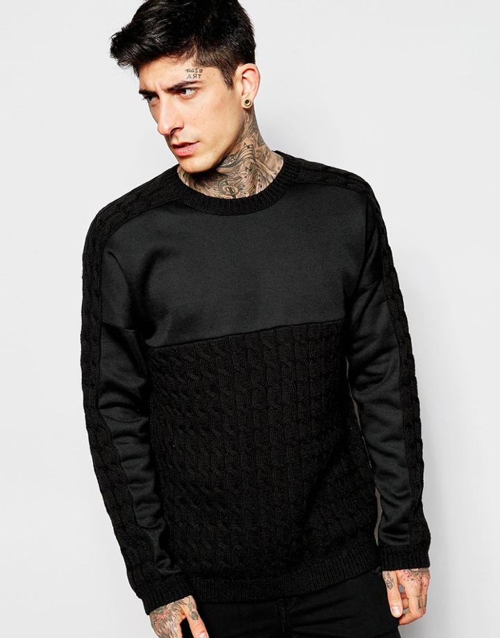 Asos Cable Knit Sweater With Sweat Panel - Black