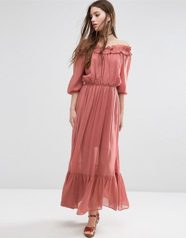 Asos Off Shoulder Maxi Dress With Frill Tiers - Pink