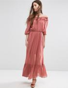 Asos Off Shoulder Maxi Dress With Frill Tiers - Pink