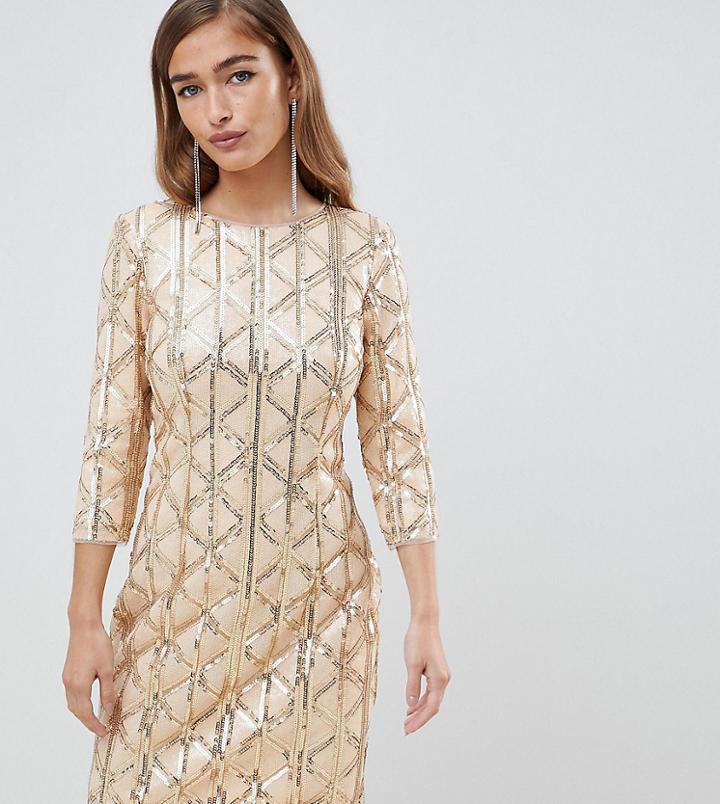 Tfnc Petite Geometric Sequin Bodycon Dress With Open Back In Gold