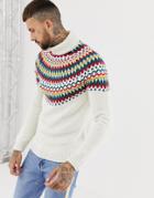Asos Design Knitted Fairisle Roll Neck Sweater In Beige - Beige